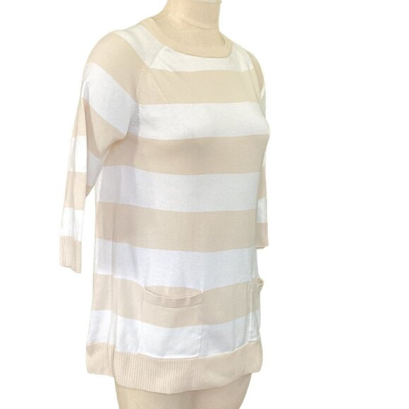 Jeanne Pierre Cotton Pocket Tunic Sweater Striped M Beige & White 92X - Picture 2 of 7